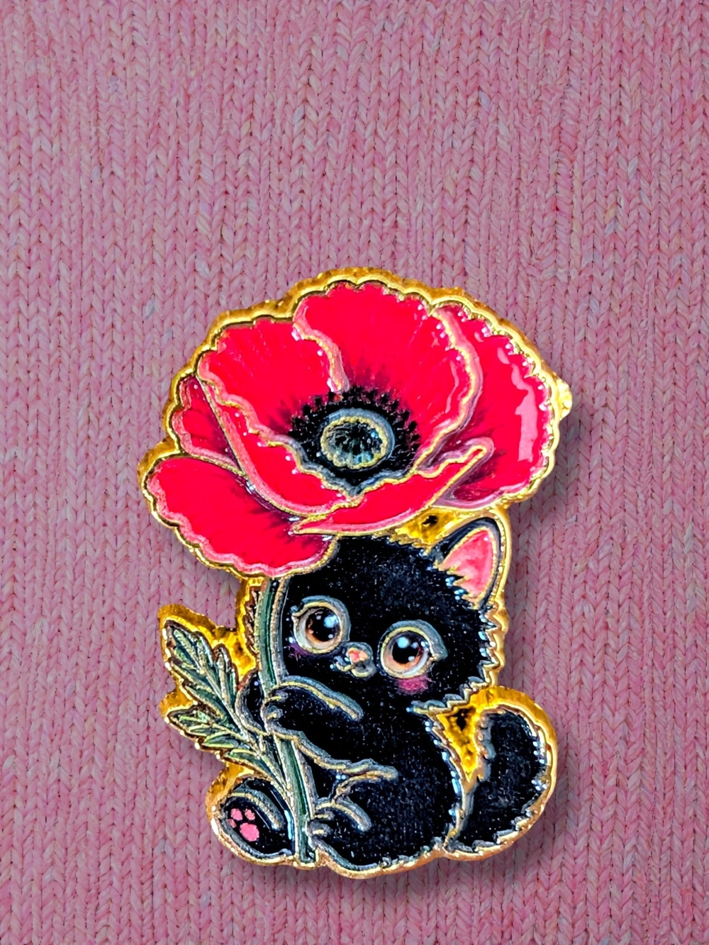 Cute Black Cat with Red Poppy Enamel Pin